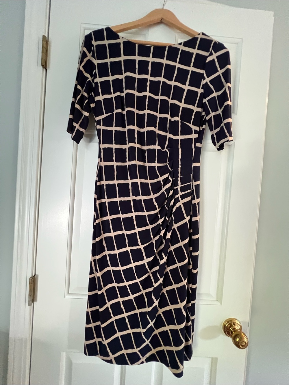 Connected Apparel Navy & Cream Window Pane Dress with Side Ruching Size 10